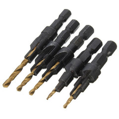 5pcs Titanium Coated Countersunk Drill Bit Set 1/4 Inch Hex Shank Quick Change Woodworking