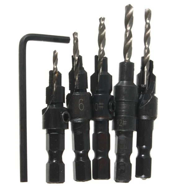 5pcs Hss Countersink Drill Cone Bit Set Quick Change Hex Shank Woodworking Screw Reamer