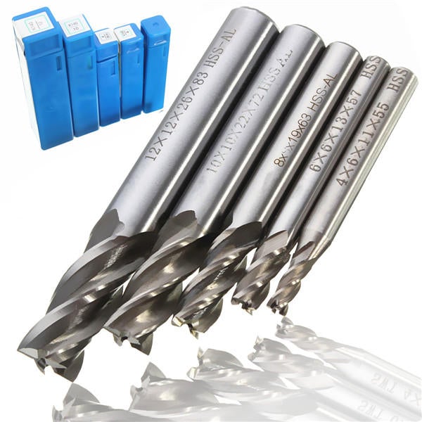 5pcs 4/6/8/10/12mm 4 Flute End Mill Cutter HSS Straight Shank Drill Bits