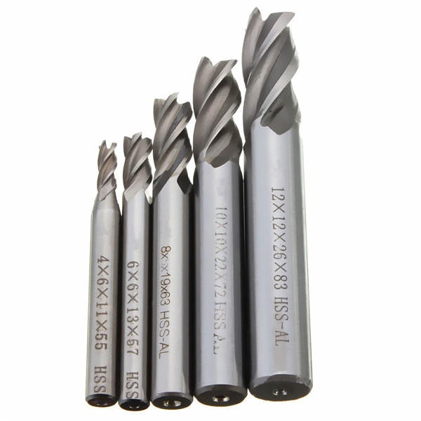 5pcs 4/6/8/10/12mm 4 Flute End Mill Cutter HSS Straight Shank Drill Bits