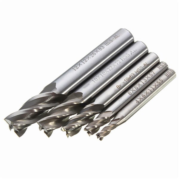 5pcs 4/6/8/10/12mm 4 Flute End Mill Cutter HSS Straight Shank Drill Bits