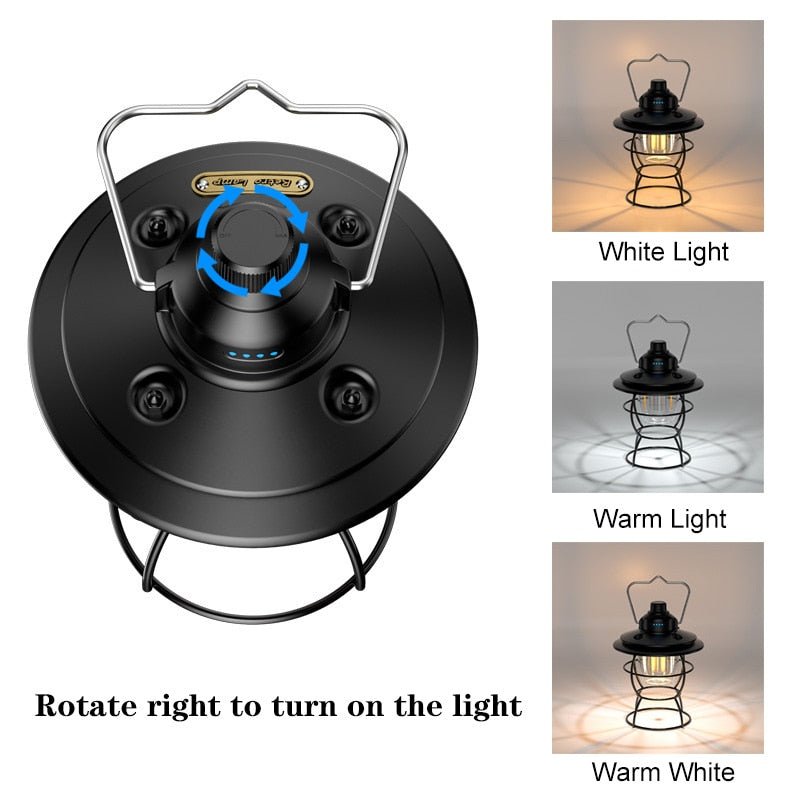 Portable Retro Camping Lantern Rechargeable Metal Handle Flashlight Vintage Warm White Light Outdoor Hanging Tent Light