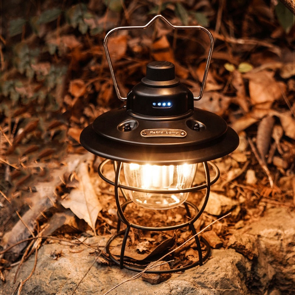 Portable Retro Camping Lantern Rechargeable Metal Handle Flashlight Vintage Warm White Light Outdoor Hanging Tent Light