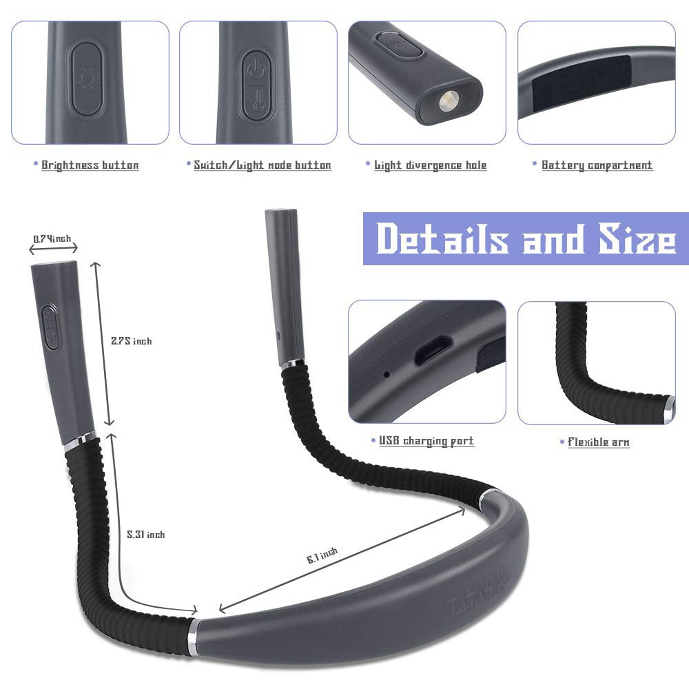 3 Colors 8 LED Flexible Hanging Neck Light Reading Light Rechargeable Book Light for Reading Knitting Camping Repairing Running