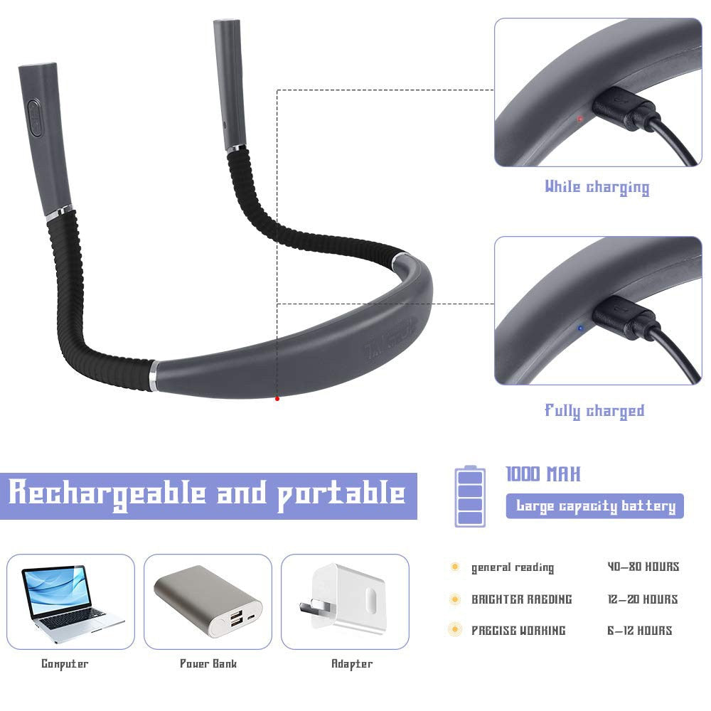 3 Colors 8 LED Flexible Hanging Neck Light Reading Light Rechargeable Book Light for Reading Knitting Camping Repairing Running