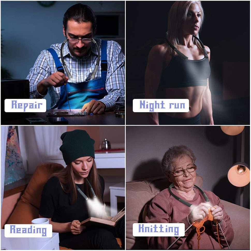 3 Colors 8 LED Flexible Hanging Neck Light Reading Light Rechargeable Book Light for Reading Knitting Camping Repairing Running