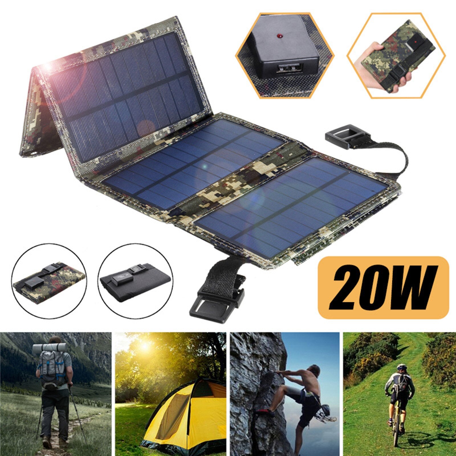 Solar Panel 5W 5V Folding USB Battery Portable Solar Charger Waterproof Solar Battery for Mobile Phone Outdoor