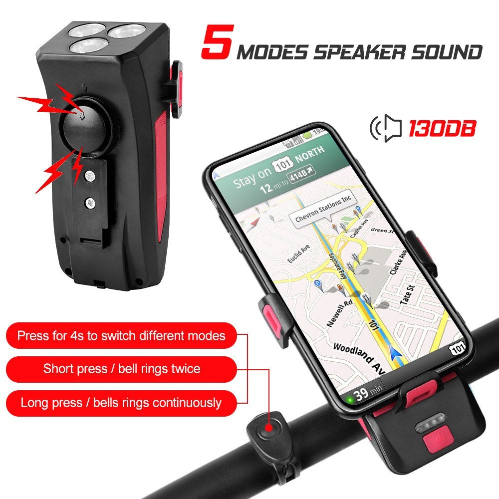 4 IN 1 Multifunctional Bike Light Bicycle Horn Lamp with Mobile Phone Bracket