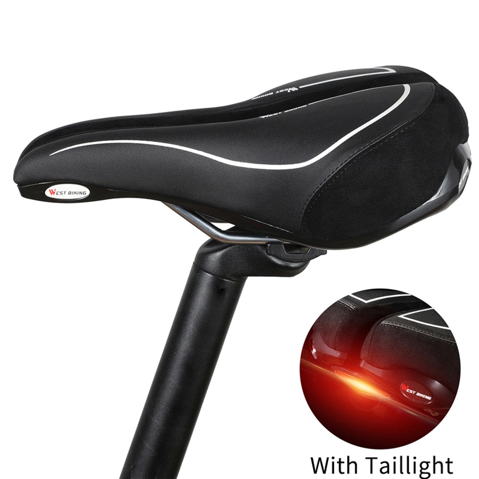 Bicycle Saddle With Taillight Cycling Cushion Shockproof Breathable Bike Rear Light