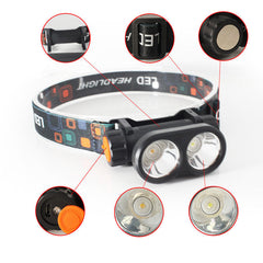 180 Adjustable Double LED Headlamp Strong Light Cycling Headlight Night Fishing Waterproof Flashlight USB Charging Warm / White Light
