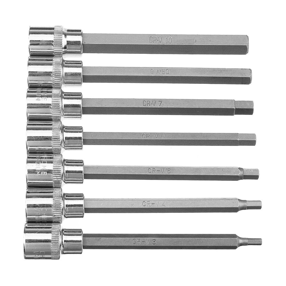 7Pcs 3/8" Drive Long Reach Hex Bit Socket Set 3-10mm CR-V Screwdriver Head Set