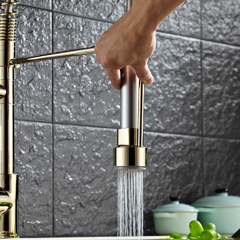 Kitchen Sink Mixer Faucet Pull Out Sparyer 360 Degree Rotation Hot & Cold Water Crane Tap with Dual Spout Chrome Brass Brushed Collapsible