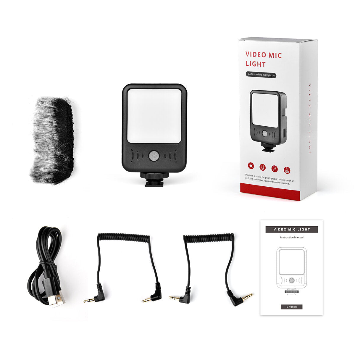 2-In-1 Microphone Fill Light Burner 49 LED Recording Noise Reduction 2000mAh Wired Mic for Photography Interview Broadcast Vlog YouTube