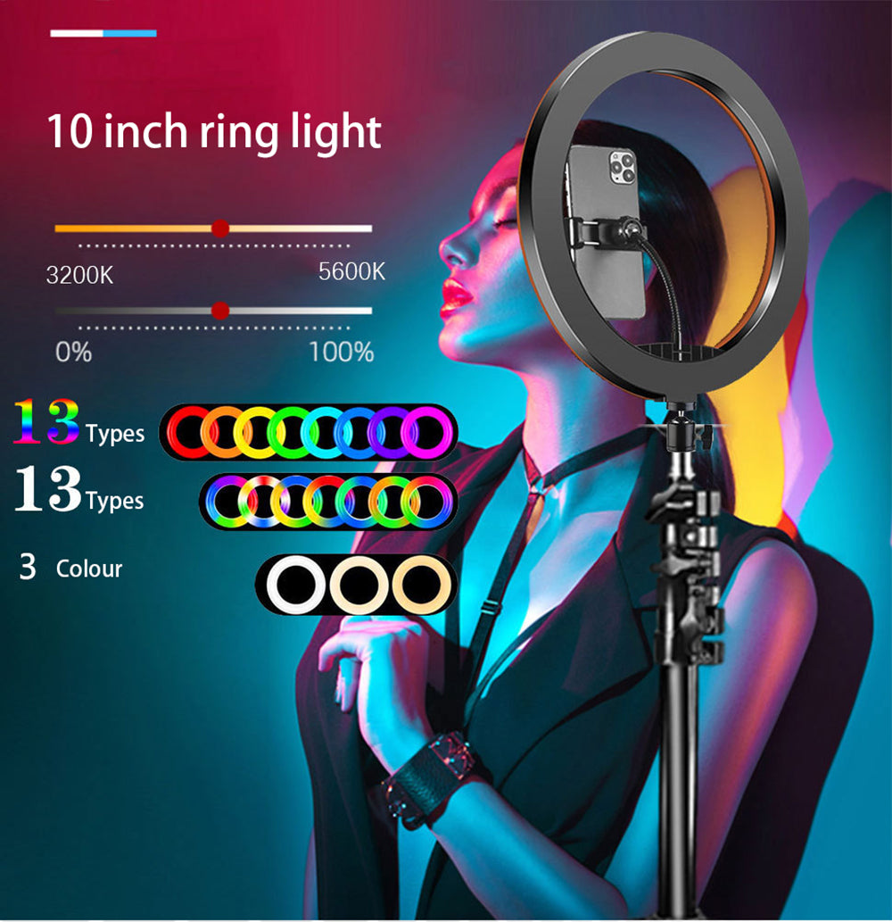 10inch RGB LED Ring Light Dimmable Selfie Ring Lamp Three Kinds of Color Temperature for Computer Live With Tripod