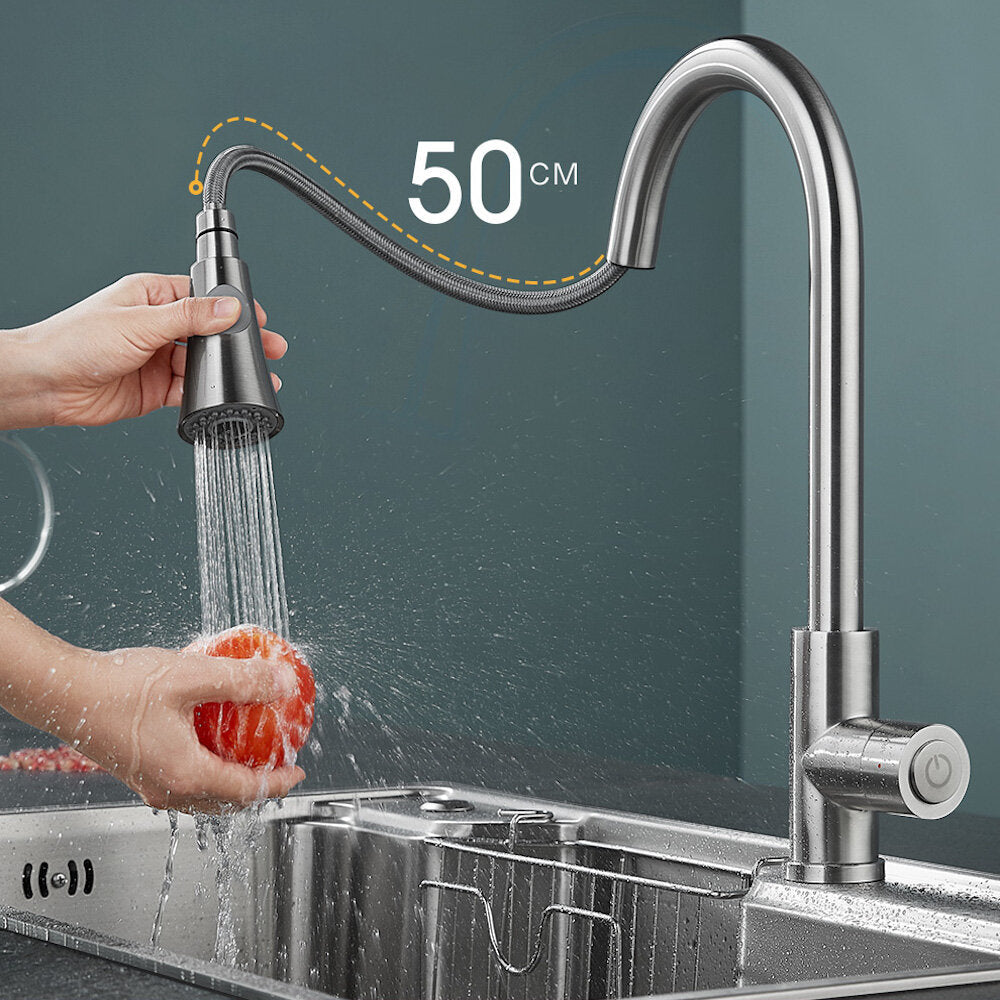 Pull Out Kitchen Faucet Hot and Cold Mixer Tap Single Handle Hole Swivel 360 Degree Silver