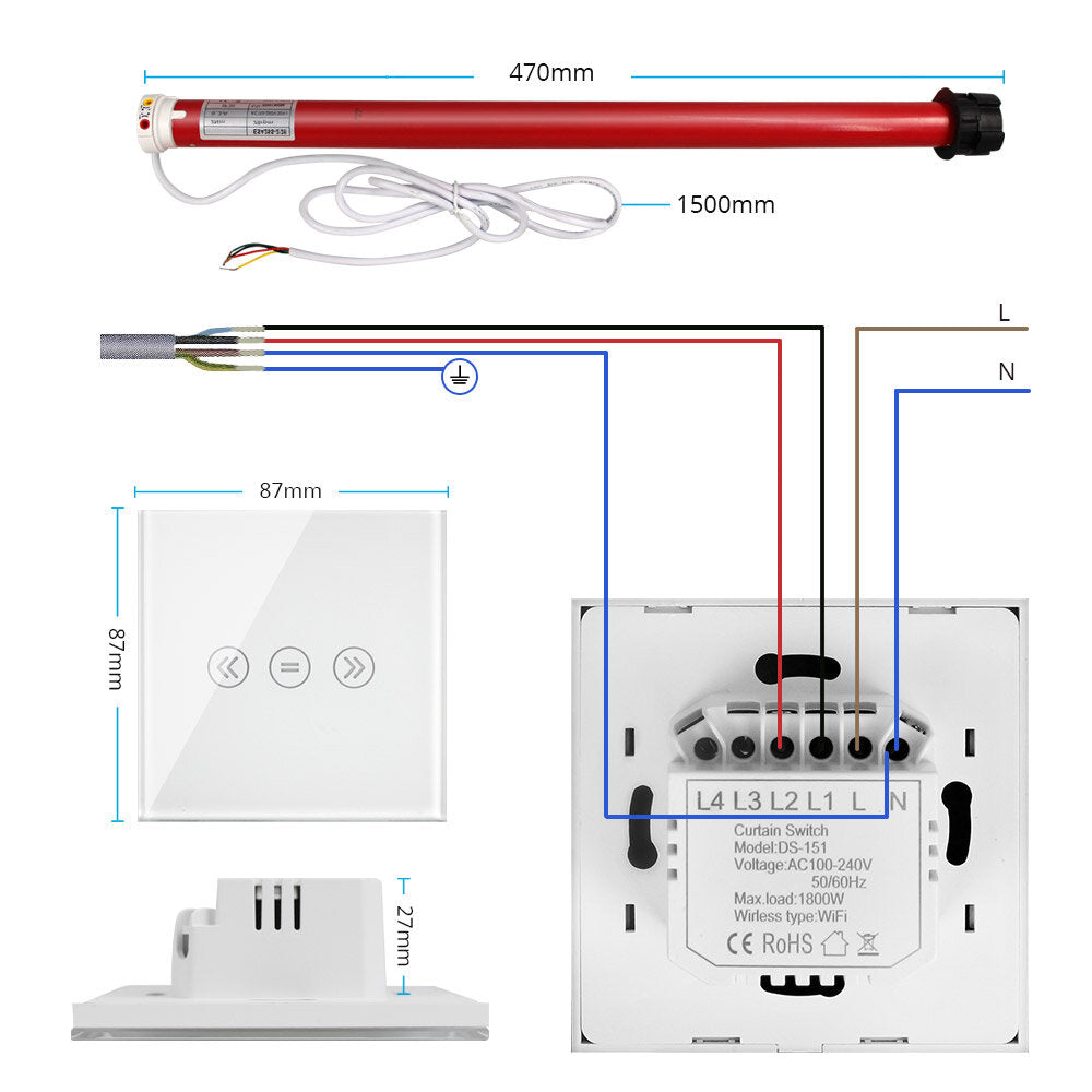 1800W EU/US Plug Switch Control Automatic Electric APP Voice Control Roller Wifi Curtain Motor