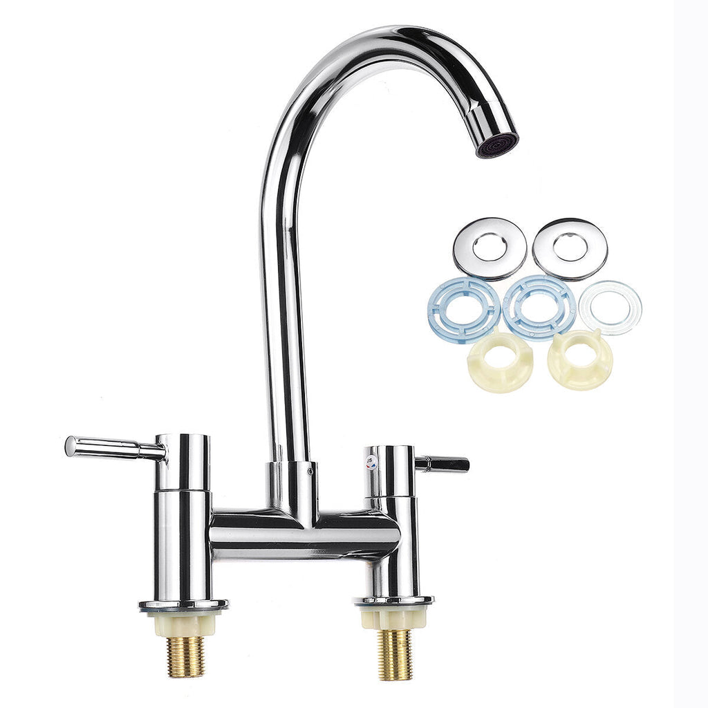 Kitchen Sink Faucet Hot Cold Mixer Tap Double Handle Hole Spout Finish Brushed Swivel Spray 360