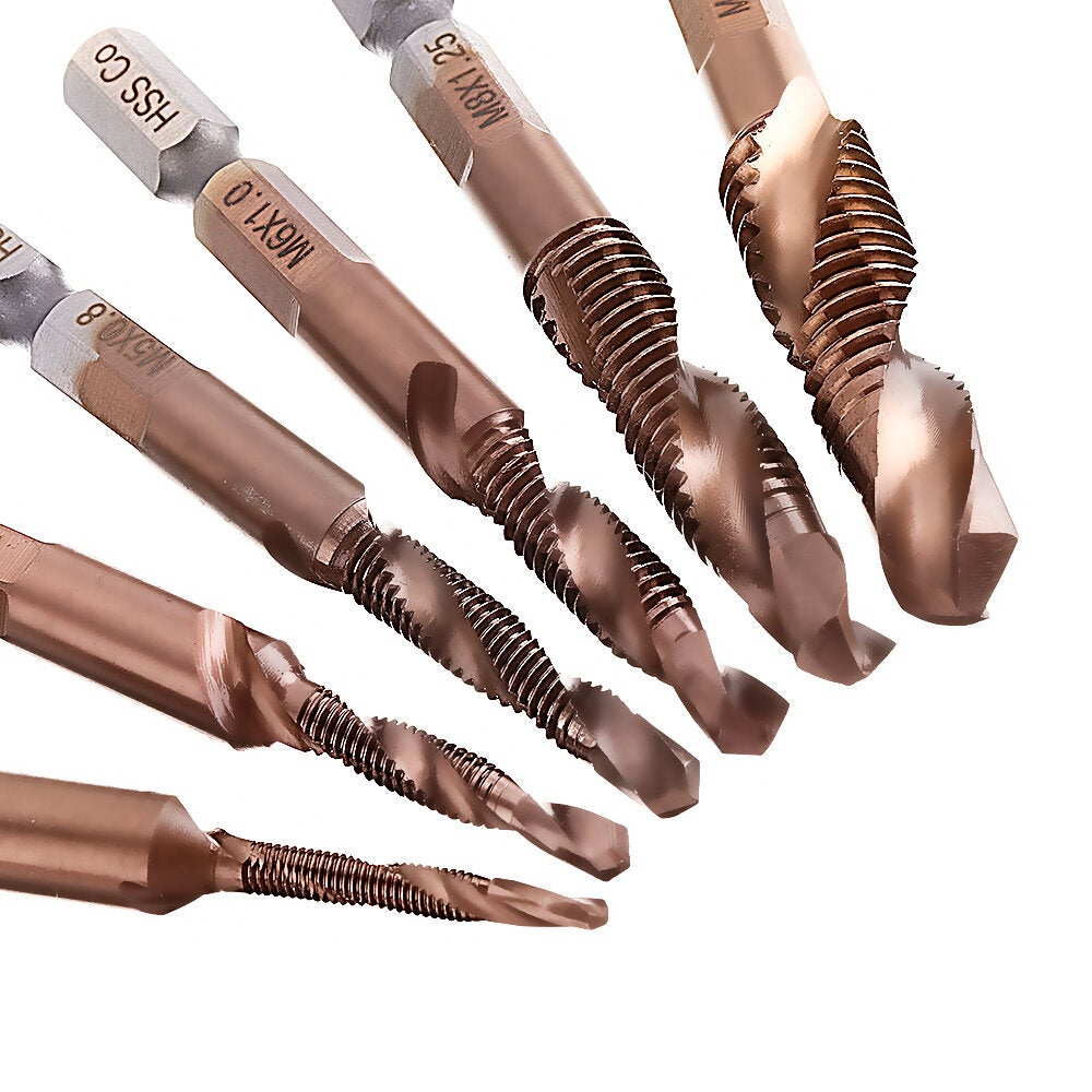 6Pcs M3-M10 M35 Cobalt Plating HSS Hex Shank Spiral Groove Drill Tap Bit Set Co-HSS Metal Threaded Hole Opener