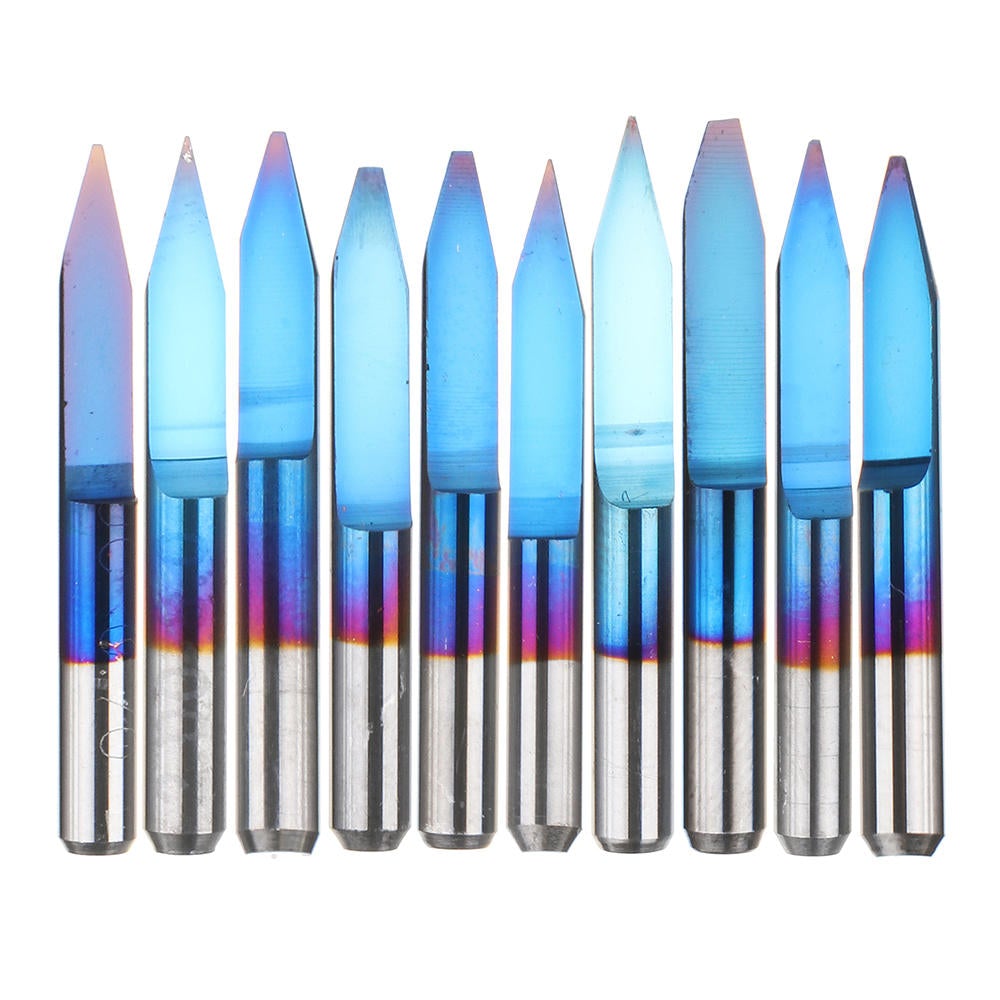 10pcs 0.1-1.5mm 30 Degree PCB Engraving Bit Blue Nano Coated Carbide CNC Flat Bottom Engraving Bit Router Tool