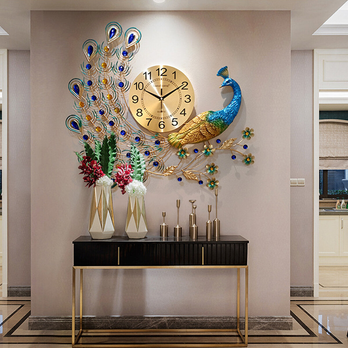 3D DIY Peacock Decoration Digital Wall Clock Metal Modern Art Home Bedroom Room