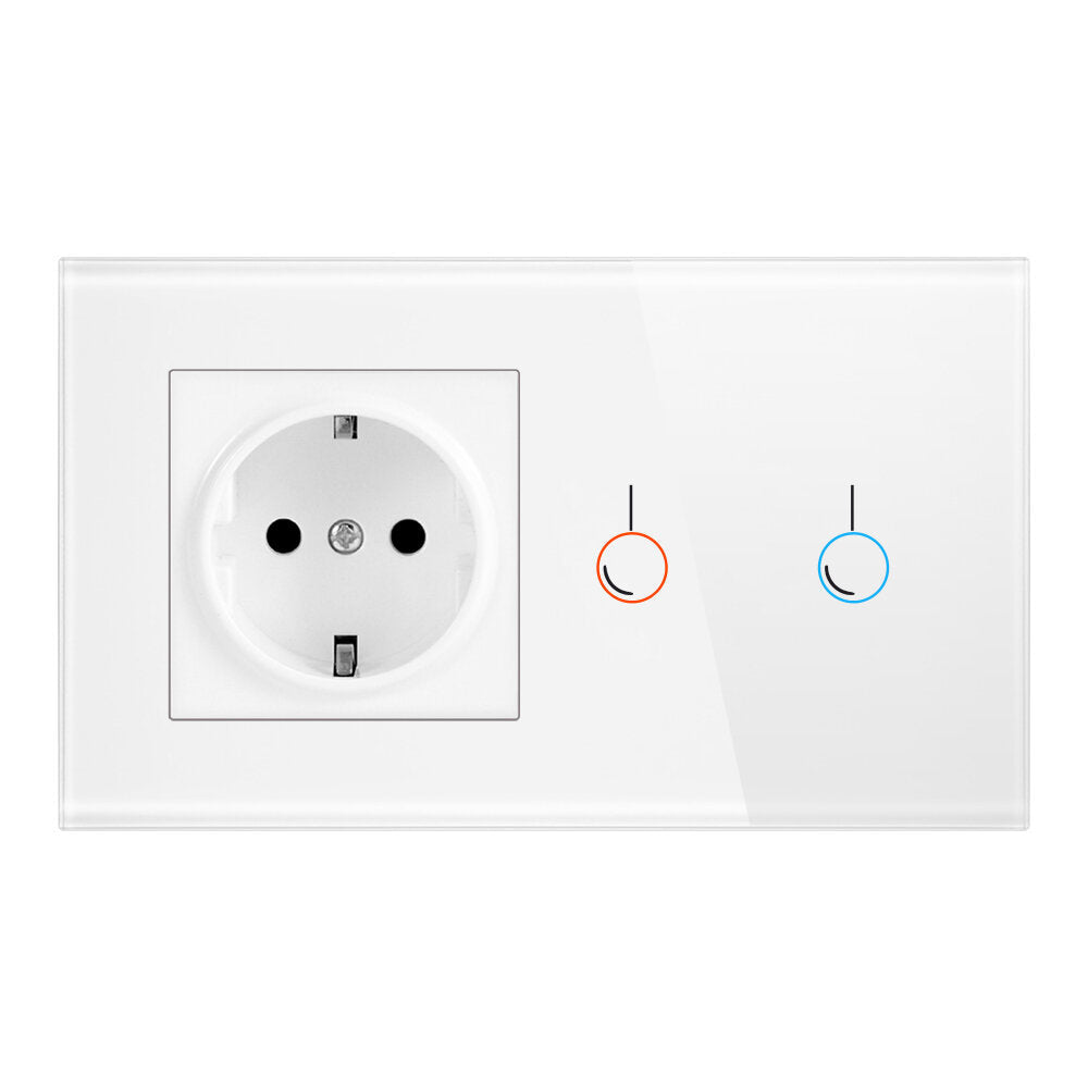 Touch Sensor Switch with Socket Crystal Glass Panel 146*86mm Wall Socket with Light Switch 2 Gang 1 Way,170~250V 16A