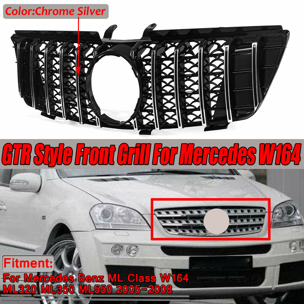 Chrome Silver GTR Style Front Grill Grille For Mercedes-Benz ML Class
