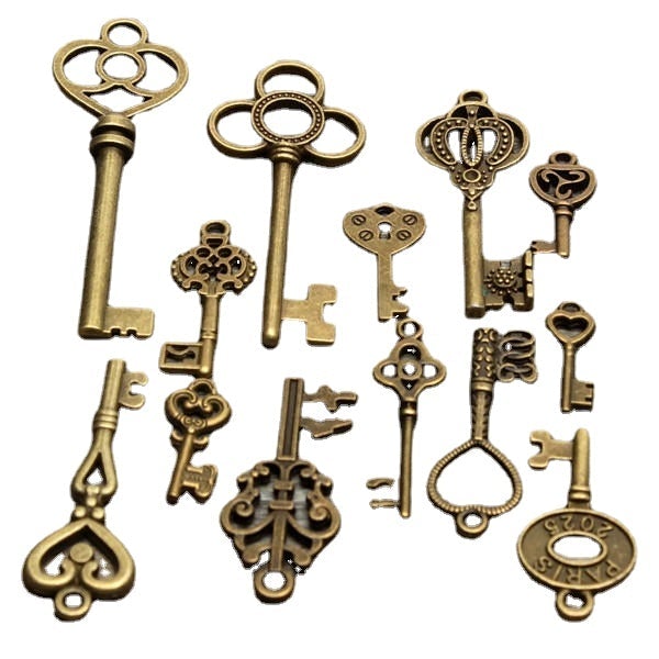 13pcs Antique Vintage Skeleton Key Lot Set Pendant Heart Bow Lock Steampunk Jewel