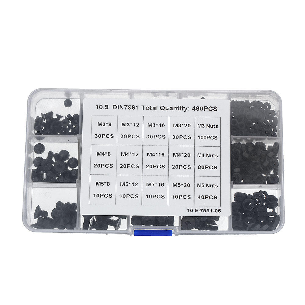 460Pcs M3 M4 M5 Flat Head Hex Socket Screw Carbon Steel 10.9 Grade Bolt Nut Assortment Kit 8-20mm