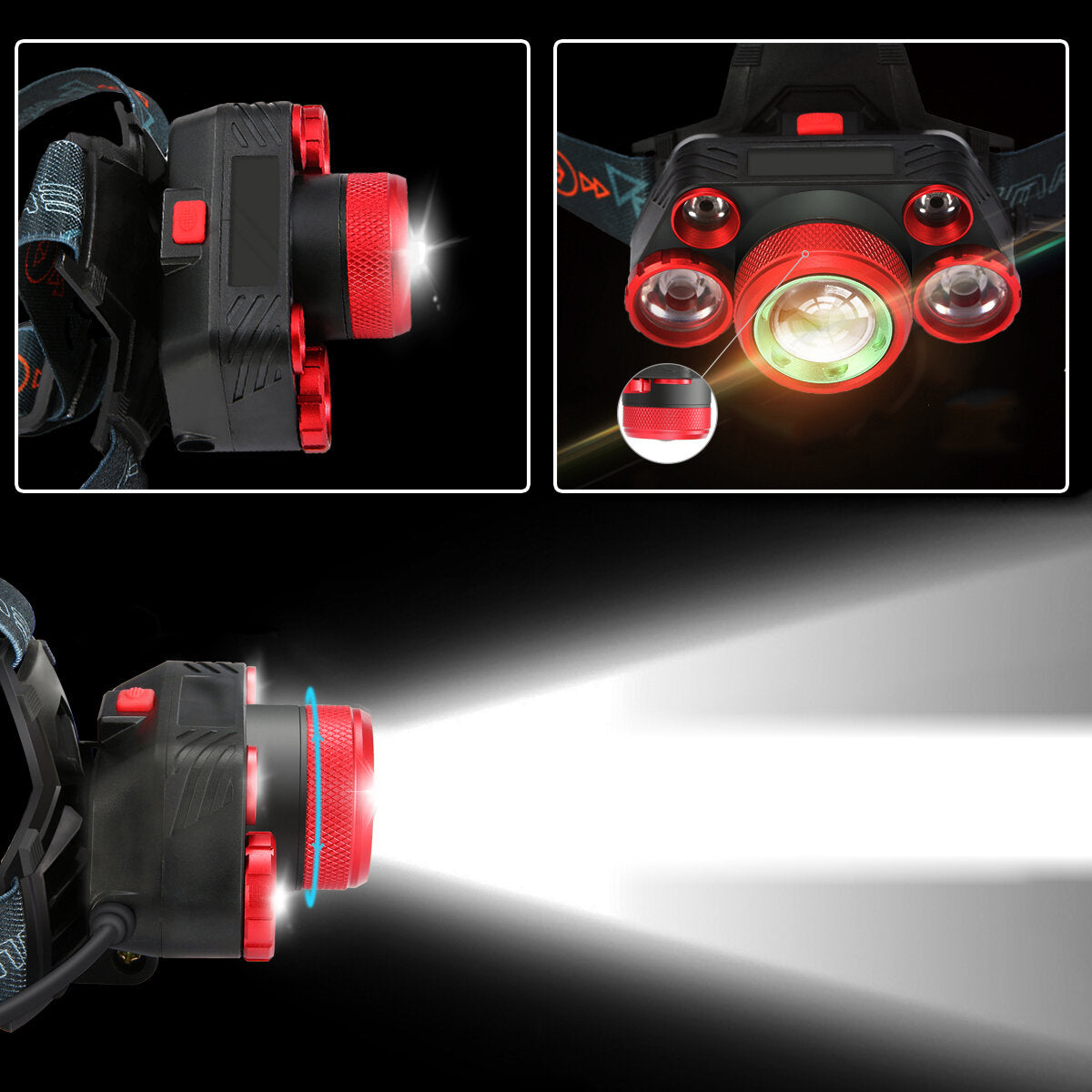 1000LM 5 LED Headlight 5 Modes Adjustable Flashlight IPX6 Waterproof Rechargeable Work Lamp Outdoor Camping Cycling