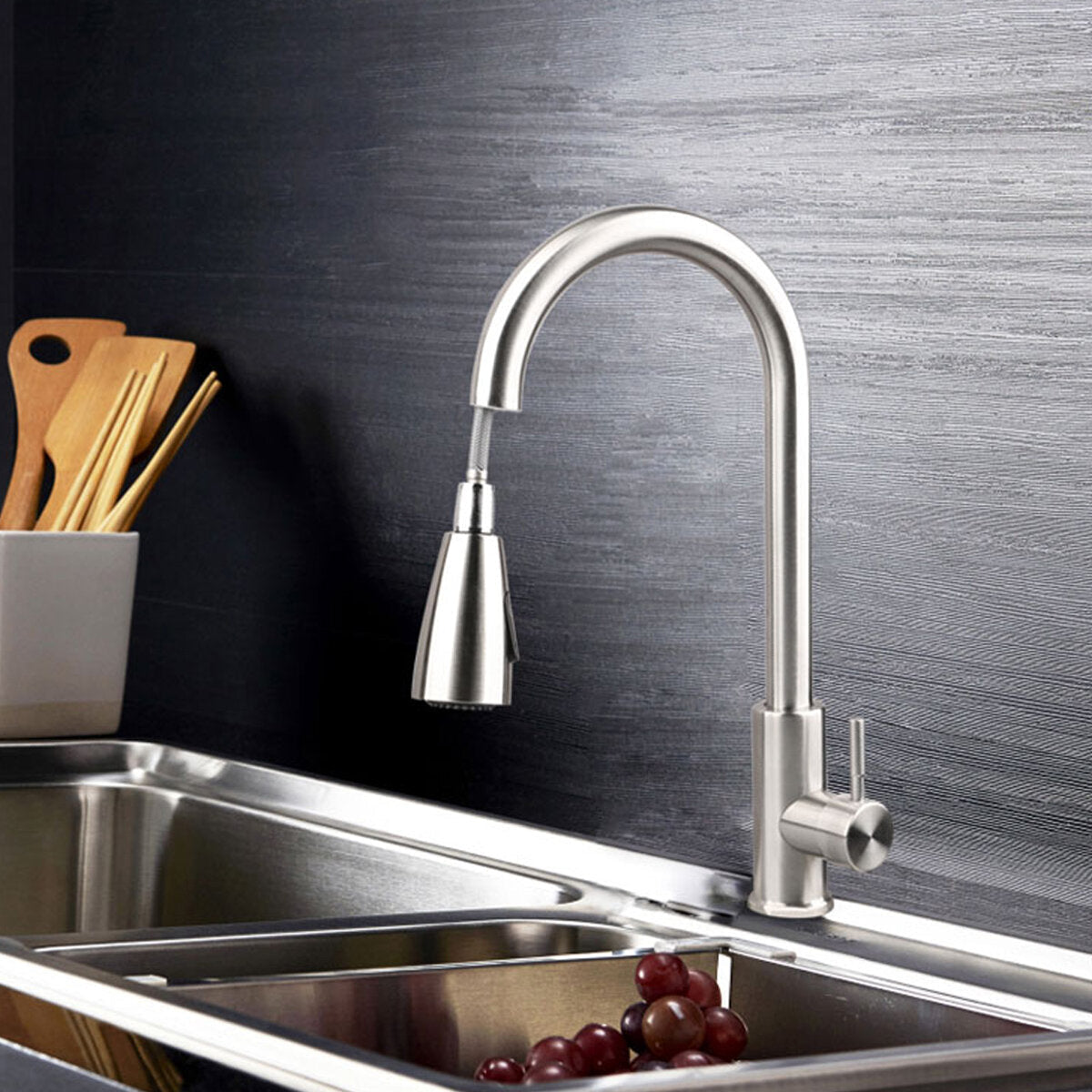 Electroplating Process Kitchen Sink Pull Out Faucet Hot and Cold Water Tap With 2 Stainless Steel Hose