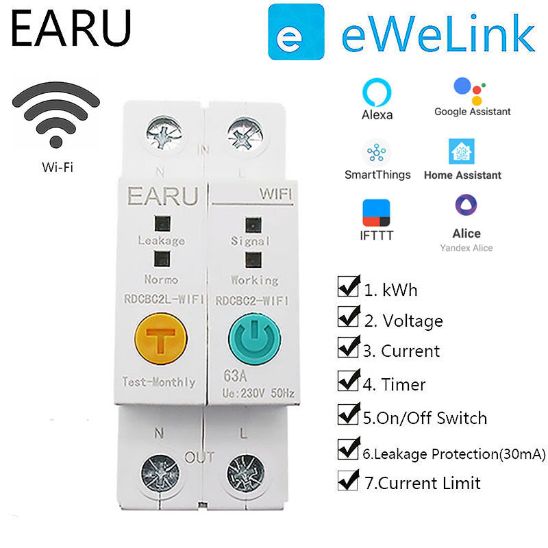 Smart WIFI Energy Circuit Breaker Meter Power Consumption kWh Meter Timer Switch Relay Voltmeter Works With Alexa eWelink APP
