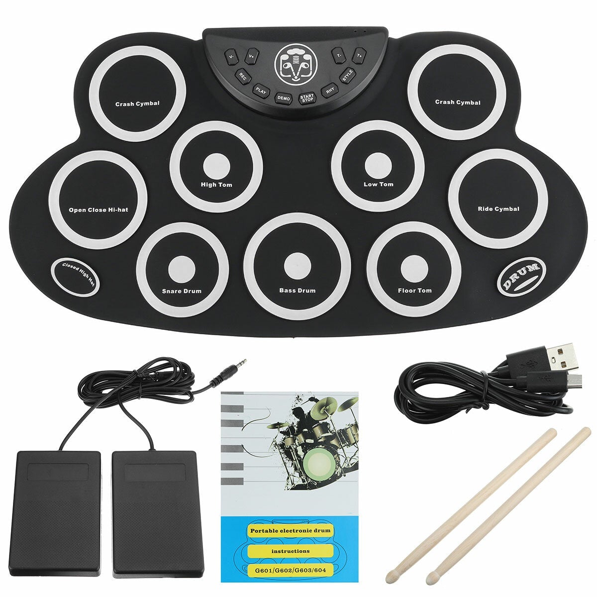 Electric Drum 9 Drum Pads Silicone Plastic Pad w/ Foot Pedals Drumsticks USB 5V
