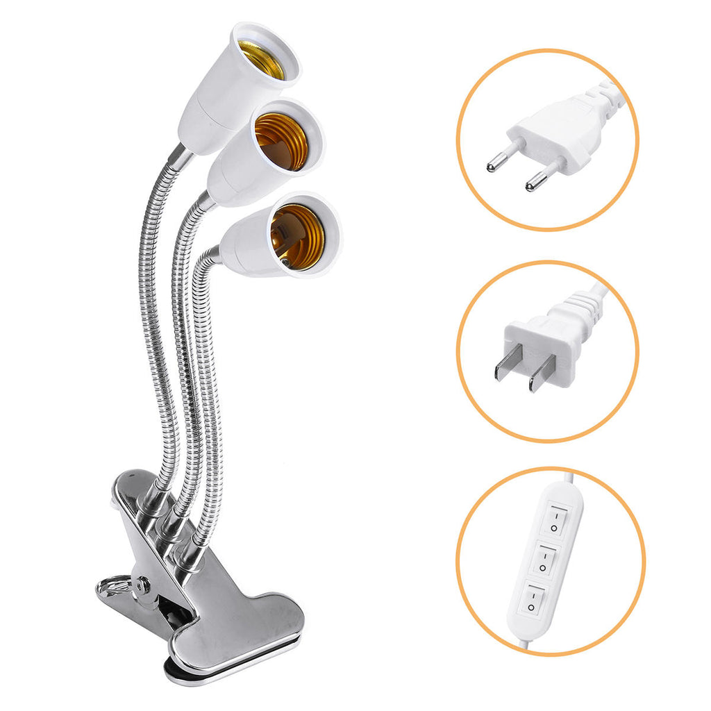 Three Heads Bulb Adapter Lampholder Socket Clip With Switch for Grow Plant Light Bulb