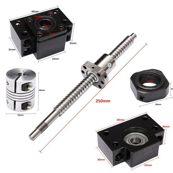 Ball Screw Length 250mm with 1 Set BK/BF12 Supports and 6.35mm x 10mm Coupler for CNC