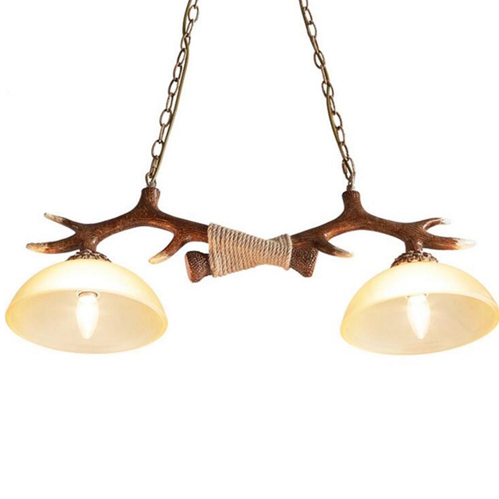 Vintage Antler Resin Double Light Deer Horn Pendant Chandelier Lamp Dinning Bar