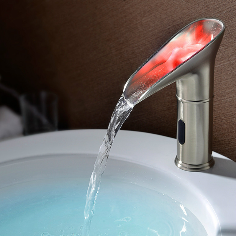 Automatic Sensor Faucet Waterfall LED Bathroom Basin Sink Widespread Brass Mixer Tap Single Lever