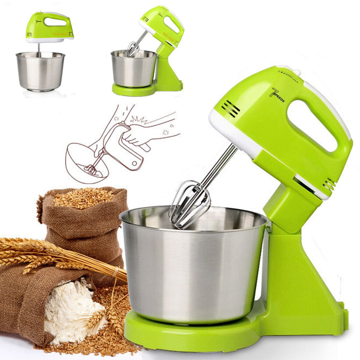 7 Speed Electric Egg Beater Dough Cakes Bread Egg Stand Mixer + Hand Blender + Bowl Food Mixer Kitchen Accessories Egg Tools