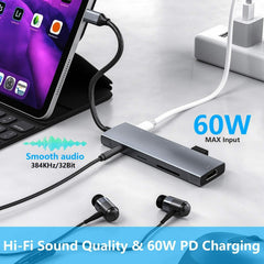 9-in-1 Power Delivery Docking Station Adapter 60W USB-C PD3.0 With 4K 30Hz HD Display Data Transfer Port 3.5mm Audio Jack USB 3.0/2.0 Card Readers