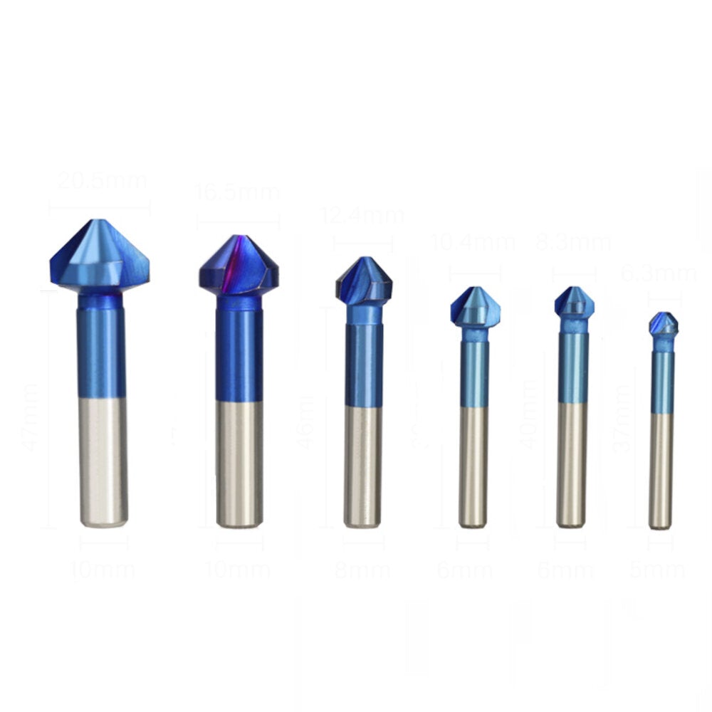6Pcs 6.3-20.5mm 90 Degrees 3 Flutes Countersink Drill Bit Nano Blue Coated Chamfer Cutter HSS Chamfer Drill Bit Set