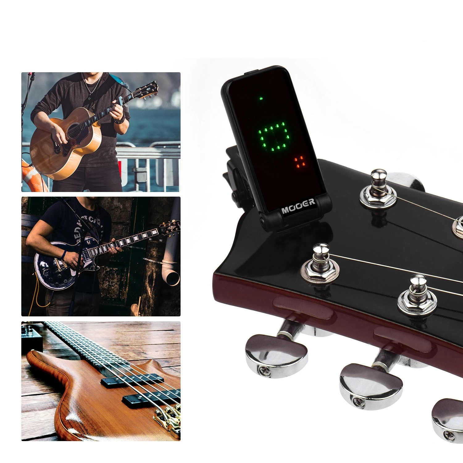 Guitar Bass Clip-On Tuner Gravity Sensitive Full-Screen Display 180° Rotatable Metal Clip