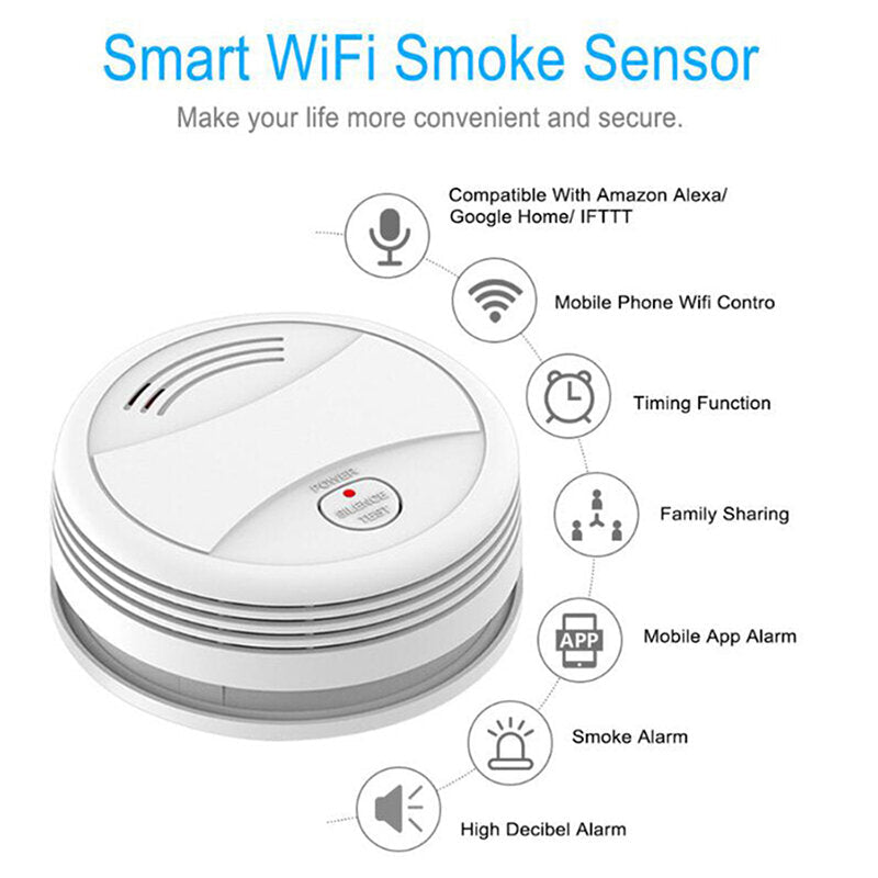 Smart WiFi Smoke Sensor Compatible with Alexa and Google Home APP Alarm Home Security Accessories