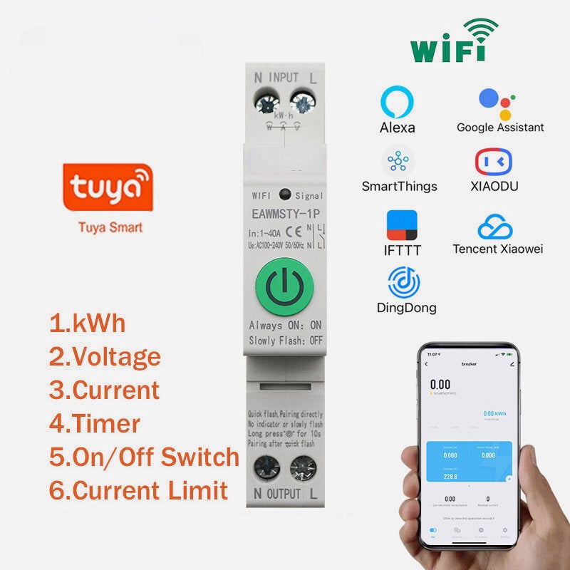 Smart Circuit Breaker WIFI Smart Energy Meter Din Rail Power Consumption kWh Meter Timer Switch Relay Voltmeter Works With Alexa Google Home