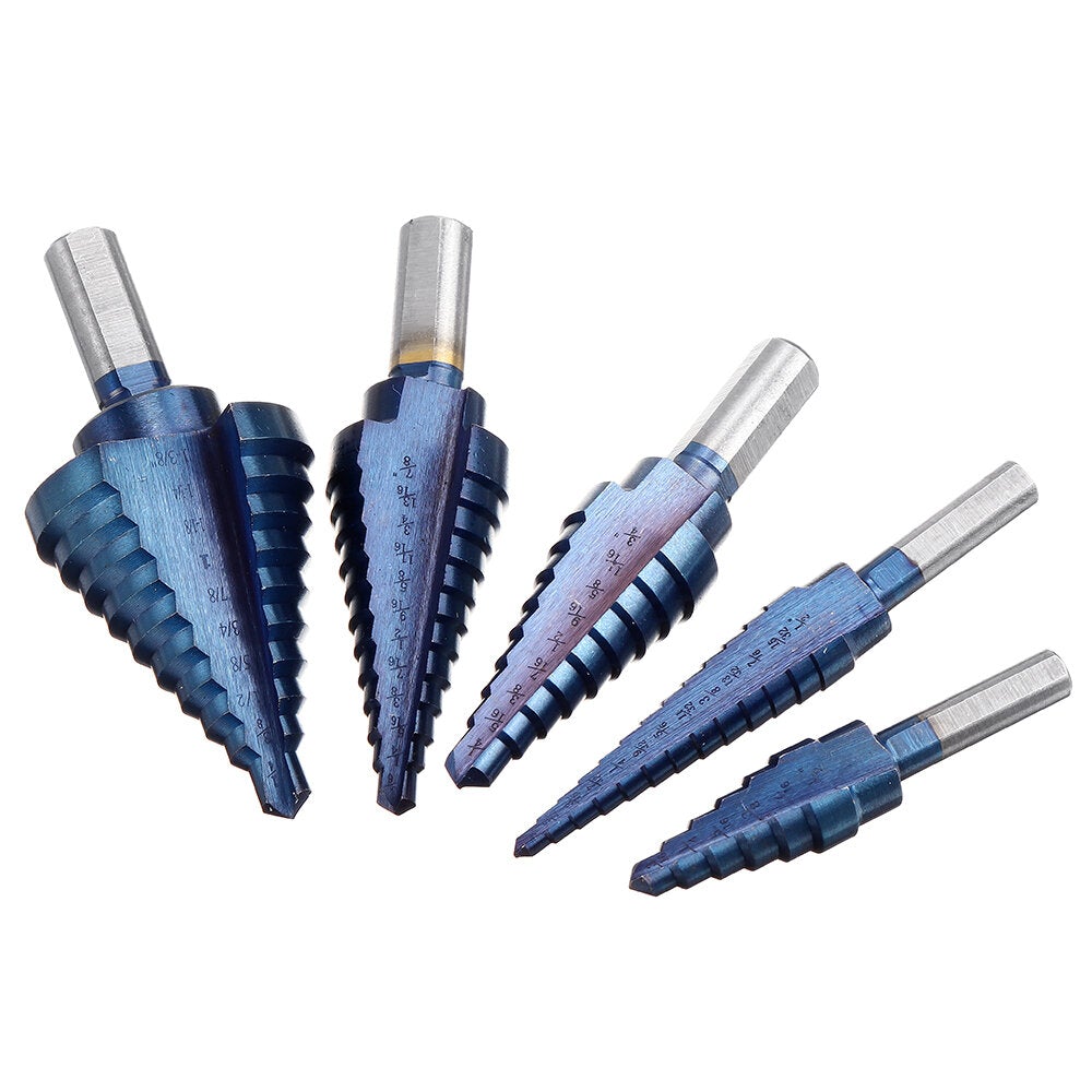 5pcs HSS Blue Nano Coating Step Drill Bit Set Multiple Hole 1/8 to 1-3/8 Inch 50 Sizes with Aluminum Case or Opp Bag