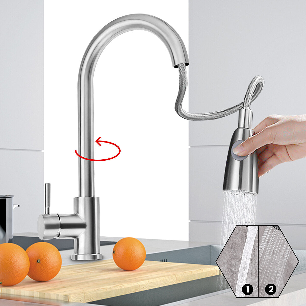 Kitchen Sink Faucet Pull Out Sprayer Head Two Water Spray Mode Stainless Steel Mixer Tap