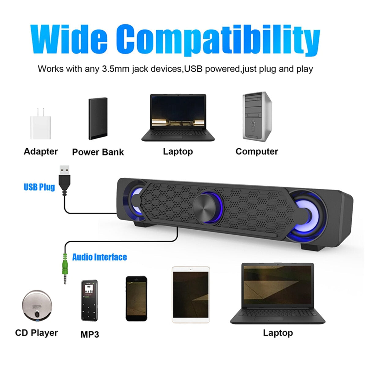 Desktop Soundbar Hi-Fi 3D Surround Sound Bass 50.8mm Dual Drivers Luminous USB AUX Wired Speaker