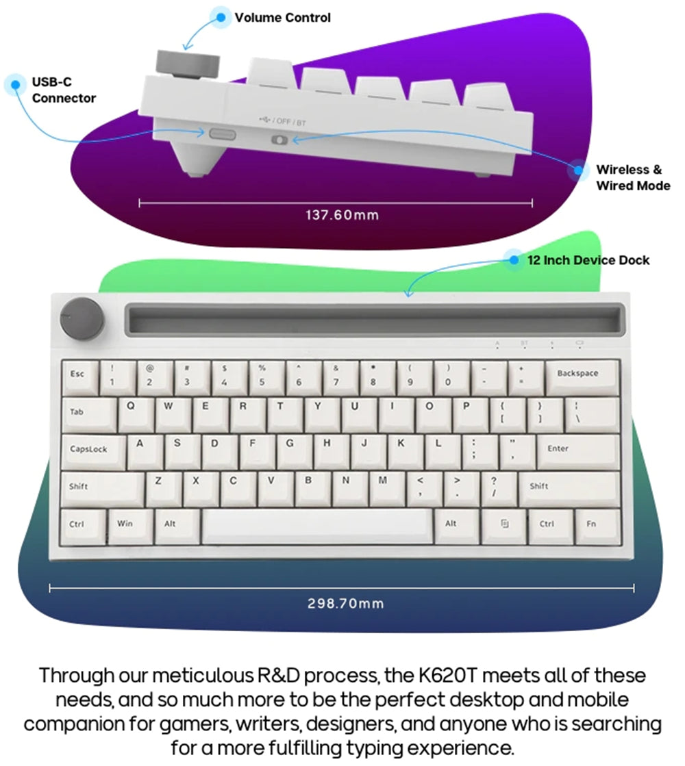 Wireless Mechanical Keyboard 62Keys Bluetooth 3.0 Dual Mode Built-in Battery Type-C Interface With Volume Botton for PC Laptop Smartphone Tablet