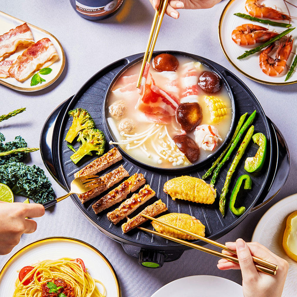 1300W Electric Grill with Hot Pot from Non-stick 3 Gear Adjustment