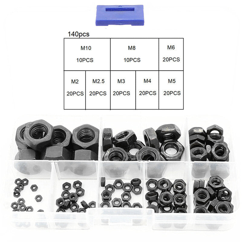 140Pcs Black Carbon Steel Nuts Hex Nut Washer Hexagonal Nuts M2-M10