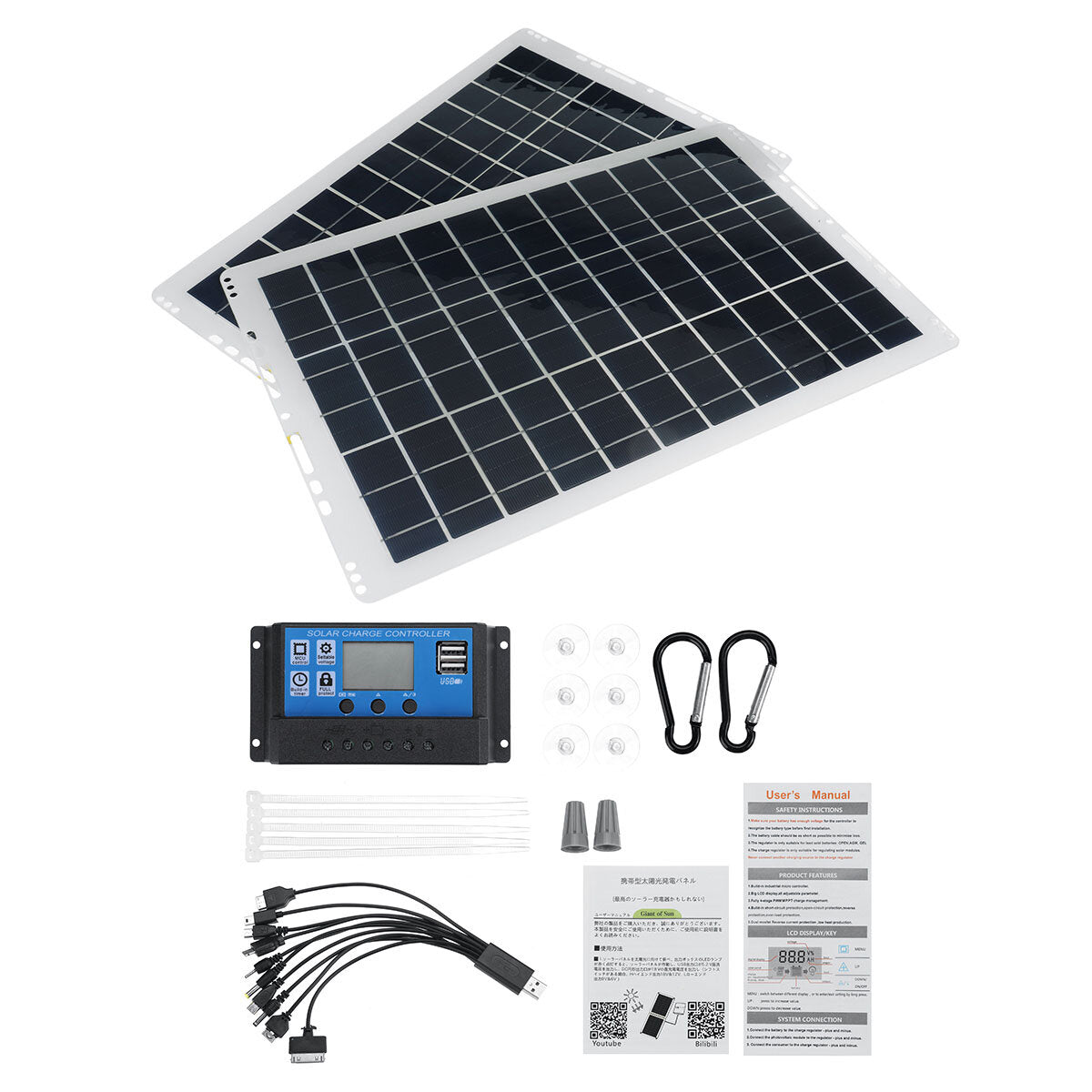 Portable Solar Panel Kit 10A/30A/60A/100A USB Battery Charger for Outdoor Camping Travel Caravan Van Boat
