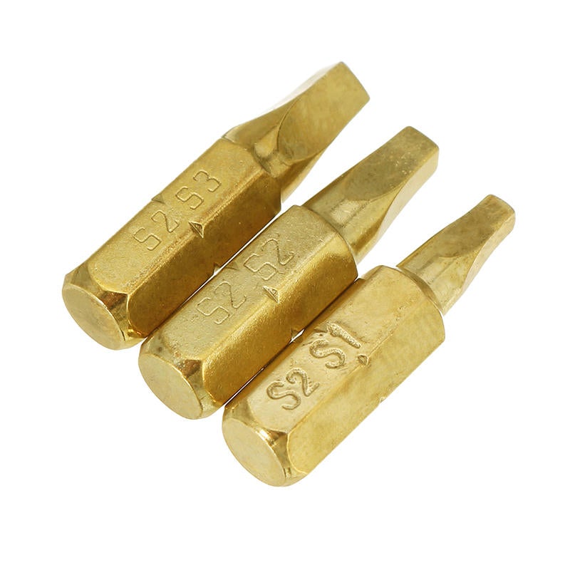 3pcs 25mm S1-S3 Square Shaped Screwdriver Bits 1/4 Inch Hex Shank Electroplating Bronze
